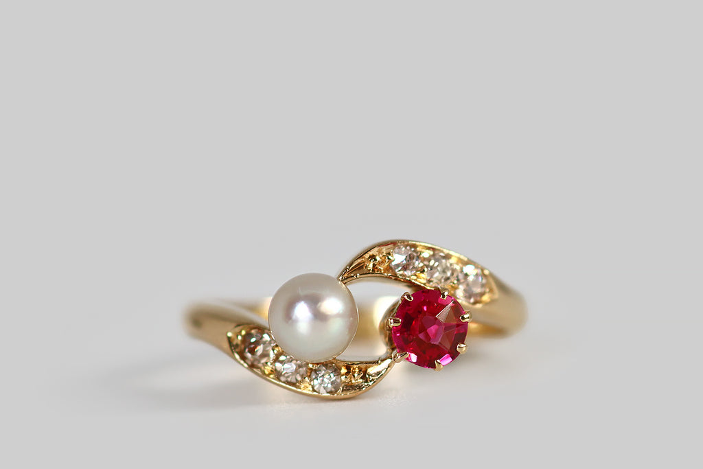 Edwardian Ruby Pearl Toi et Moi Bypass Ring