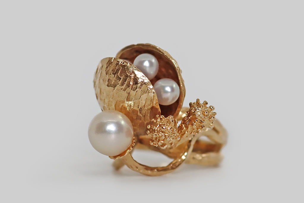 14K Yellow Gold Pearls Textured Ring