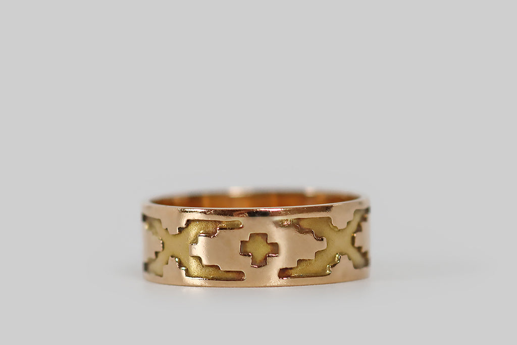 Antique Jewelry Portland, Vintage Jewelry Portland , Antique Engagement Rings | Poor Mouchette | An unusual antique eternity band, hand-fabricated in 18k gold, whose decor is a pattern of crosses and Xs. This band is made in two colors (rose and yellow), using overlay technique— one sheet of gold is pierced with a small saw; that sheet is laid atop another and they are sweated together. 