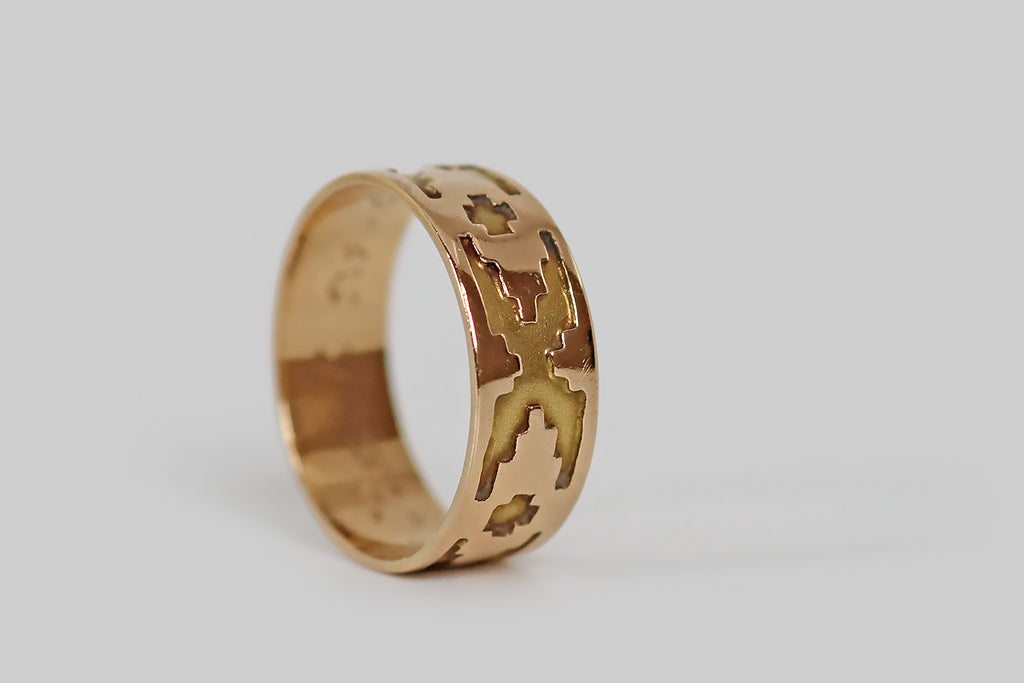 Antique Jewelry Portland, Vintage Jewelry Portland , Antique Engagement Rings | Poor Mouchette | An unusual antique eternity band, hand-fabricated in 18k gold, whose decor is a pattern of crosses and Xs. This band is made in two colors (rose and yellow), using overlay technique— one sheet of gold is pierced with a small saw; that sheet is laid atop another and they are sweated together.