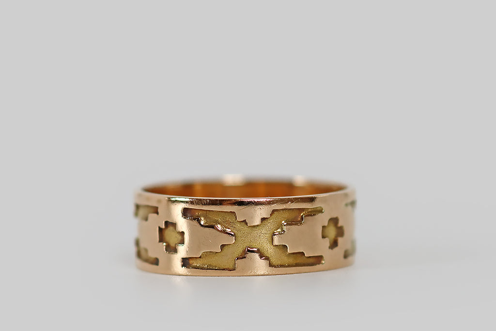 Antique Jewelry Portland, Vintage Jewelry Portland , Antique Engagement Rings | Poor Mouchette | An unusual antique eternity band, hand-fabricated in 18k gold, whose decor is a pattern of crosses and Xs. This band is made in two colors (rose and yellow), using overlay technique— one sheet of gold is pierced with a small saw; that sheet is laid atop another and they are sweated together.