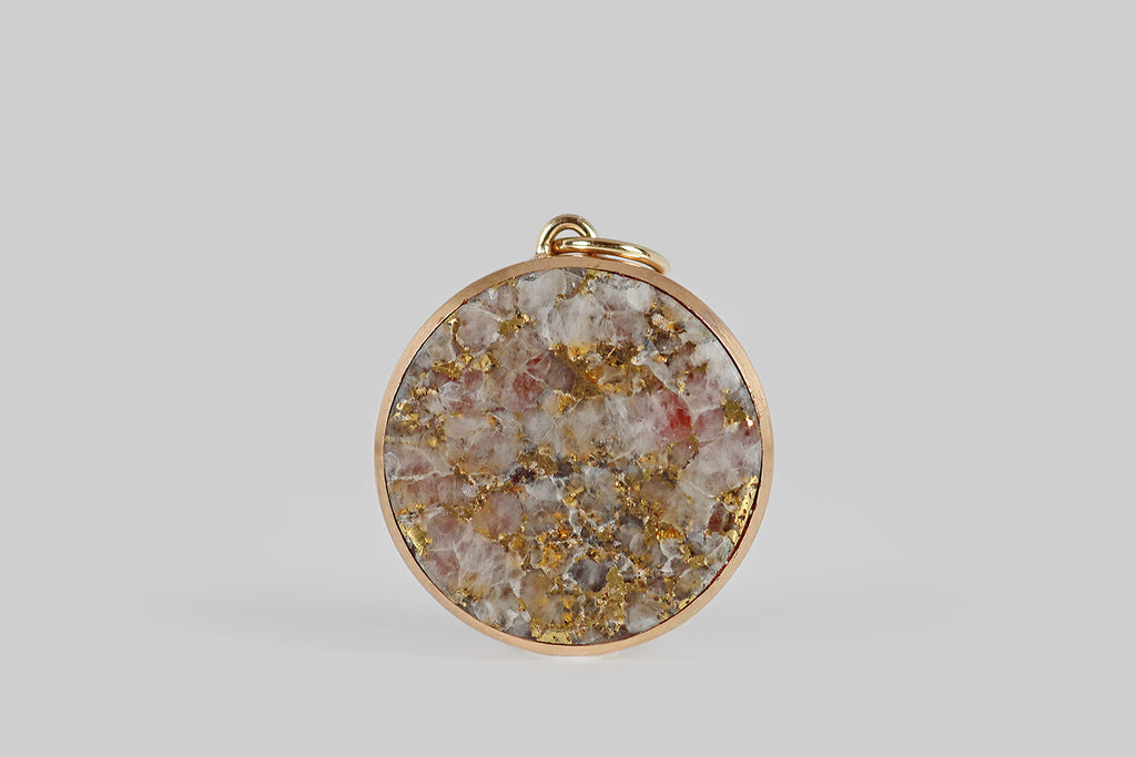 Antique Jewelry Portland, Vintage Jewelry Portland , Antique Engagement Rings | Poor Mouchette | An especially lovely antique gold-in-quartz specimen mounted in a simple, low-profile, 14k gold bezel. This California gold-in-quartz's white and grey host rock is scattered with flashes of lipstick red. Webby, naturally-occurring gold ore spreads through this rock, creating the look of craquelure. . . a tiny galaxy.