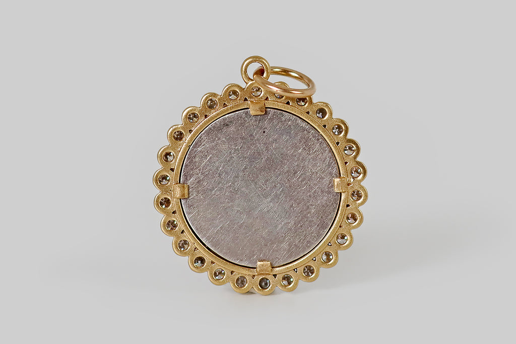 Poor Mouchette | Curated Antique Jewelry, Vintage Jewelry & Engagement Rings | Portland, Oregon | A turn of the century silver love token, decorated with a hand-engraved horseshoe and a pair of four leaf clovers! This charming "good luck" love token is embellished with enamel in kelly green and very-subtle, translucent yellow. we have mounted it in a newly-hand-made 18k gold frame
