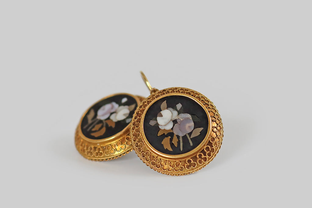 Antique Jewelry Portland, Vintage Jewelry Portland , Antique Engagement Rings | Poor Mouchette | A pair of Victorian-era Pietra Dura inlay drop earrings, modeled in 14k yellow gold, whose hardstone mosaics represent a pair of peonies, with heavy heads and bending leaves.  These intricate floral mosaics are set in bezels, where they are bordered with delicate trefoil wirework and granulation. 