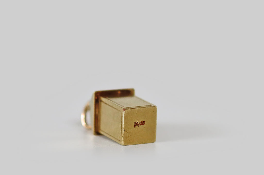 Antique Jewelry Portland, Vintage Jewelry Portland , Antique Engagement Rings | Poor Mouchette | An adorable vintage trash can charm, fabricated in 14k yellow gold, by the well-known New York Jewelers Sloan &amp; Co. This little trash can is tall and rectangular, with a swinging top, and hiding inside its swing-top (on both side)— a pair of tiny, red, enamel hearts!