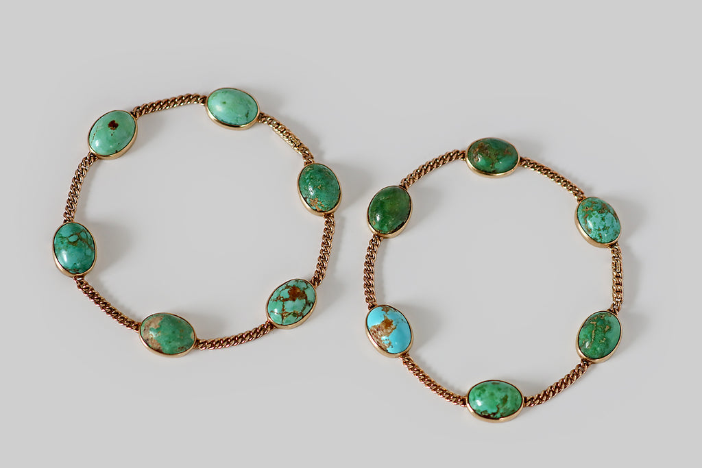 Poor Mouchette | Curated Antique Jewelry, Vintage Jewelry & Engagement Rings | Portland, Oregon | A rare and wonderful Victorian-era convertible jewelry suite, modeled in 14k yellow gold, featuring a series of natural, untreated turquoise cabochons, in shades of blue and green. These turquoise cabs are bezel-set and stationed along lengths of flattened curb-link chain. The suite can be worn as a pair of bracelets, or as a necklace, thanks to a pair of ingenious hidden clasps that create a seamless 