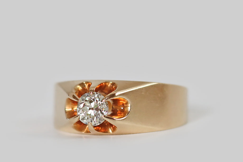 Antique Jewelry Portland, Vintage Jewelry Portland , Antique Engagement Rings | Poor Mouchette | A classic, low-profile, Victorian-era "belcher claw" engagement ring, modeled in 14k rosy yellow gold, and set with an especially pretty .60 carat Old European cut diamond (H/I - VS1). This old darling is designed as a wide, band-style ring, with an integral six-prong mount. The six prongs hold its diamond aloft, over the negative space