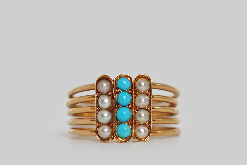 Poor Mouchette | Curated Antique Jewelry, Vintage Jewelry & Engagement Rings | Portland, Oregon | A Victorian-era, five-band, harem ring, modeled in 18k rosy yellow gold, set with natural, blue turquoise cabochons (four) and natural seed pearls (eight). This ring's five, separate, fully-round bands are trapped inside the sliding, gem-set panels that create the ring face. These three lozenge shaped "sliders"
