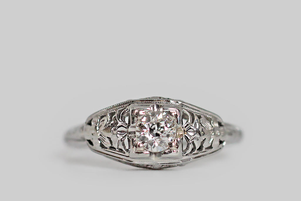 Art Deco Era OMC Diamond Engagement Ring with Orchids in 18k Gold