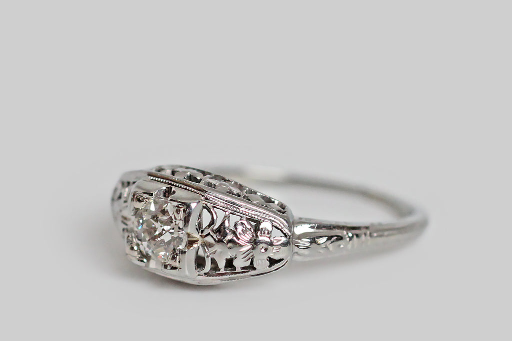 Art Deco Era OMC Diamond Engagement Ring with Orchids in 18k Gold