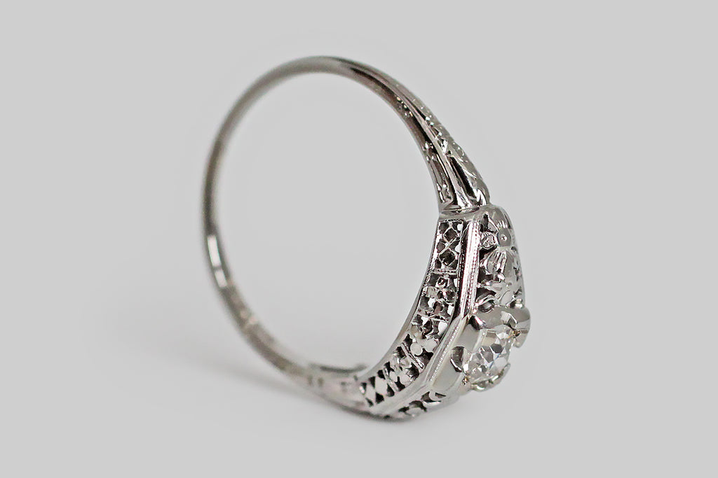 Art Deco Era OMC Diamond Engagement Ring with Orchids in 18k Gold