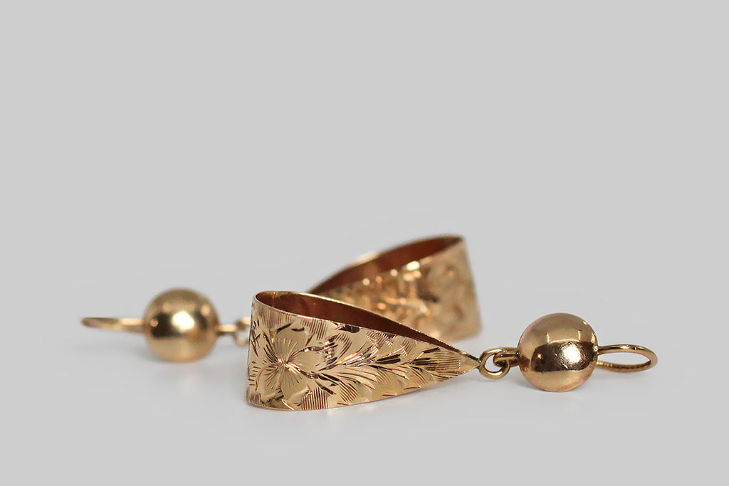 Art Deco Era Engraved Folded Ribbon Dangle Earrings in 14k Gold