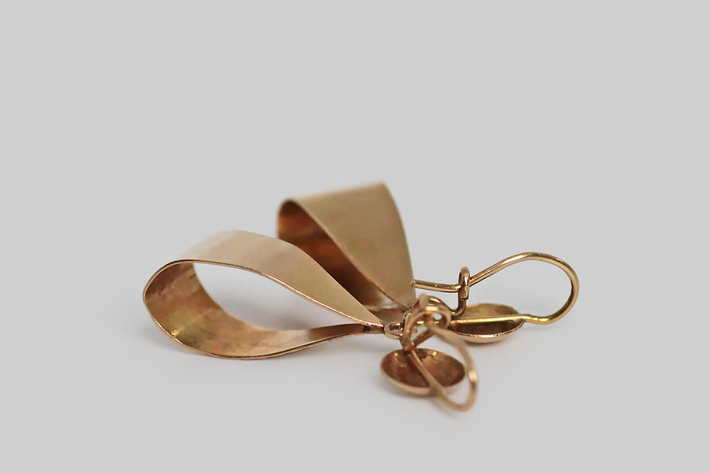 Art Deco Era Engraved Folded Ribbon Dangle Earrings in 14k Gold