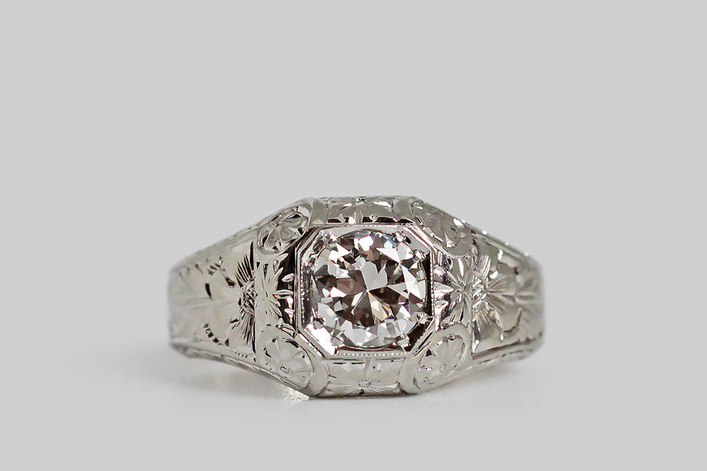 Art Deco Era 3/4 Carat Transitional Diamond Ring with Floral Engraving in 18k Gold