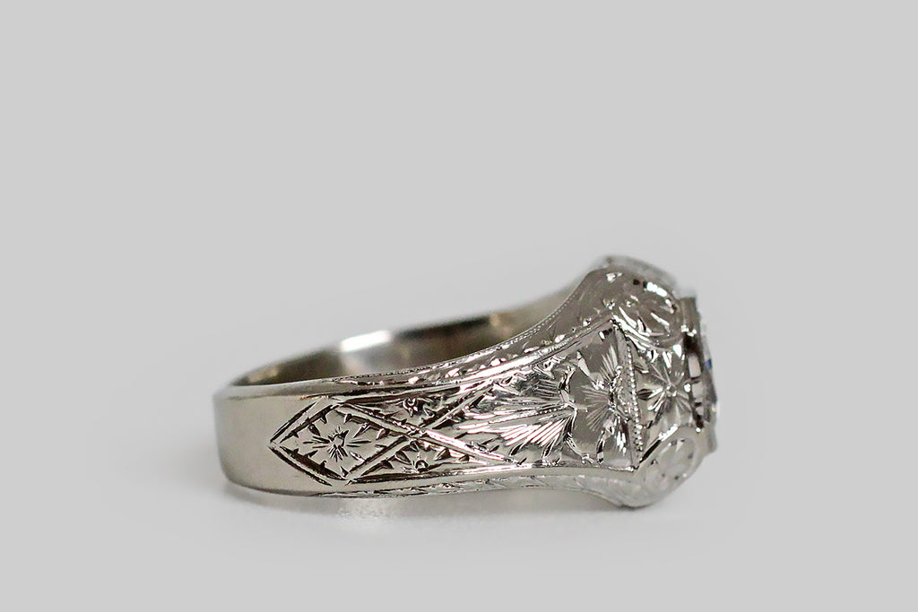Art Deco Era 3/4 Carat Transitional Diamond Ring with Floral Engraving in 18k Gold