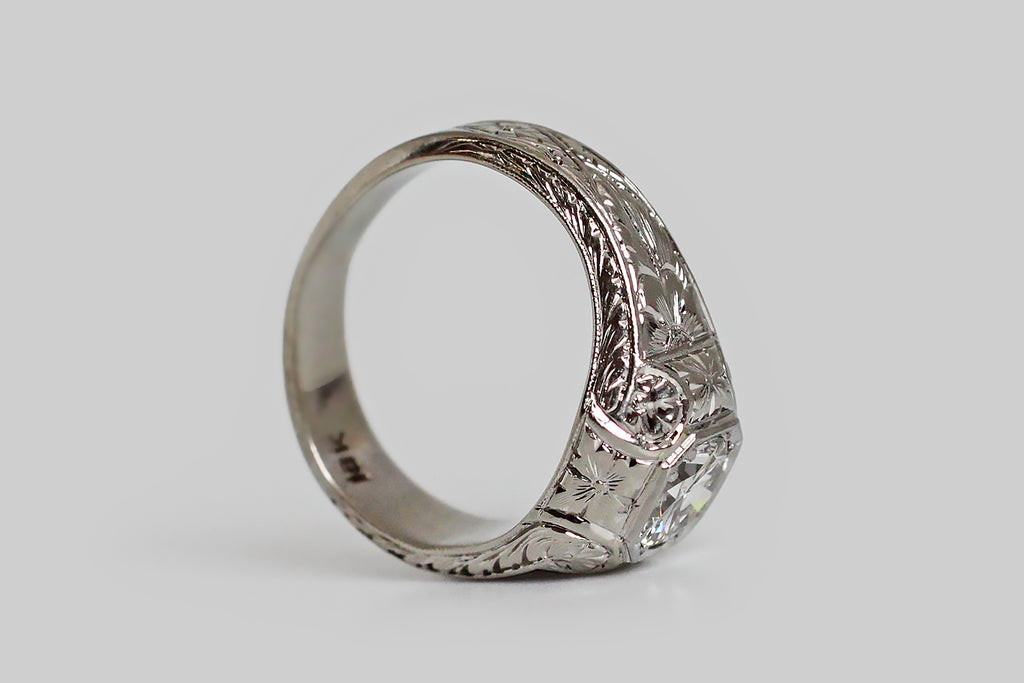 Art Deco Era 3/4 Carat Transitional Diamond Ring with Floral Engraving in 18k Gold