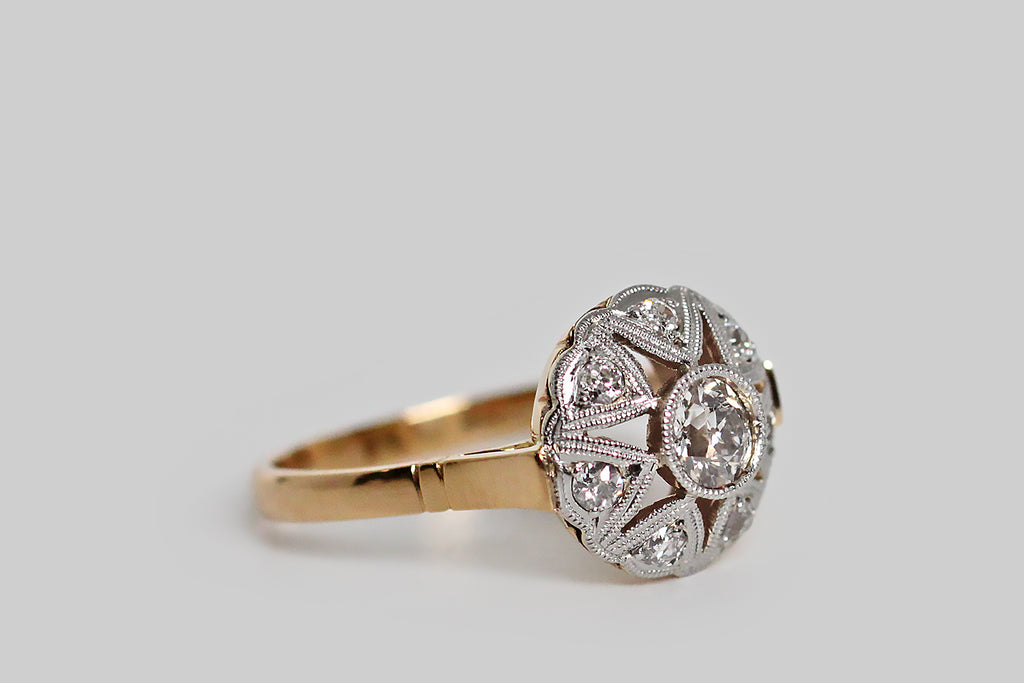 Poor Mouchette | Curated Antique Jewelry, Vintage Jewelry & Engagement Rings | Portland, Oregon | Art Deco Old Mine Cut Diamond Star Face Engagement Ring in 18k Gold & Platinum