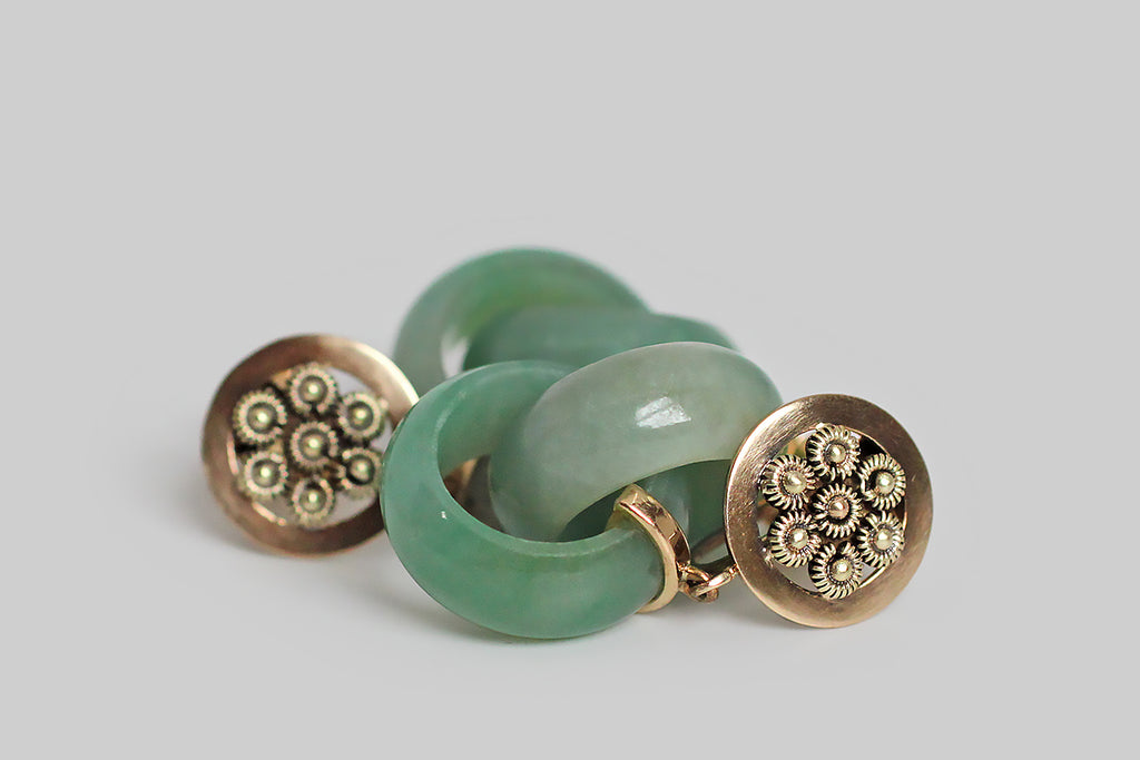 Art Deco Era Canetille & Green Jade Joined Rings Earrings in 14k Gold