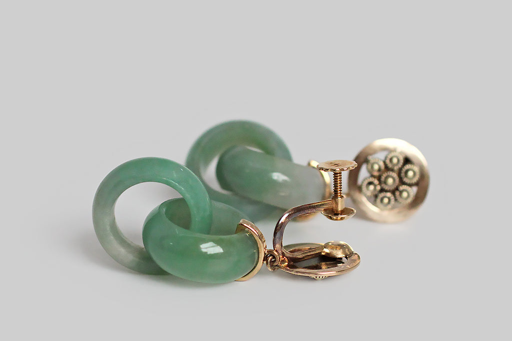 Art Deco Era Canetille & Green Jade Joined Rings Earrings in 14k Gold