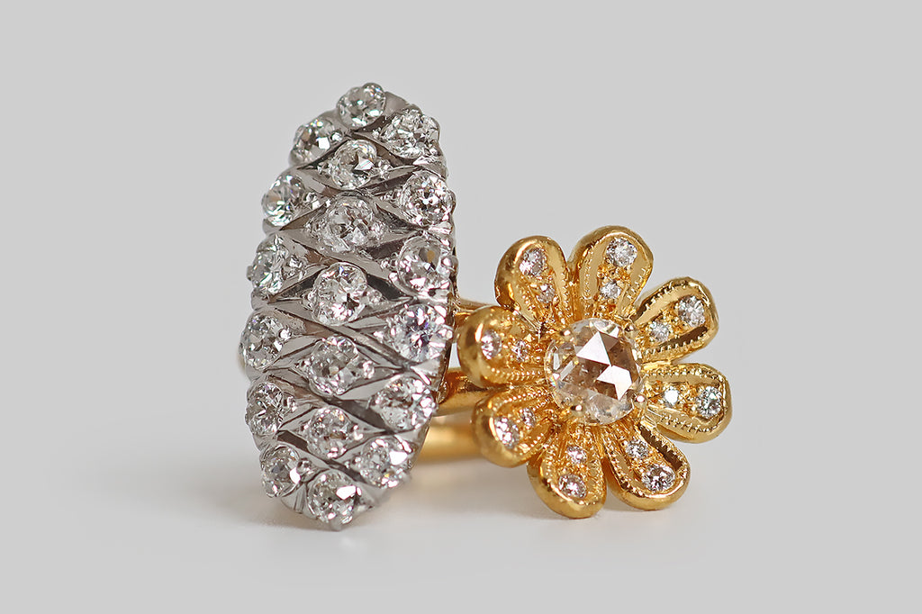 Poor Mouchette | Curated Antique Jewelry, Vintage Jewelry & Engagement Rings | Portland, Oregon | A beautiful flower-form ring, created by Cathy Waterman in, 22k yellow gold. This high karat daisy features a white rose cut diamond (G/H, SI), resting at its center like a drop of water, in four prongs.