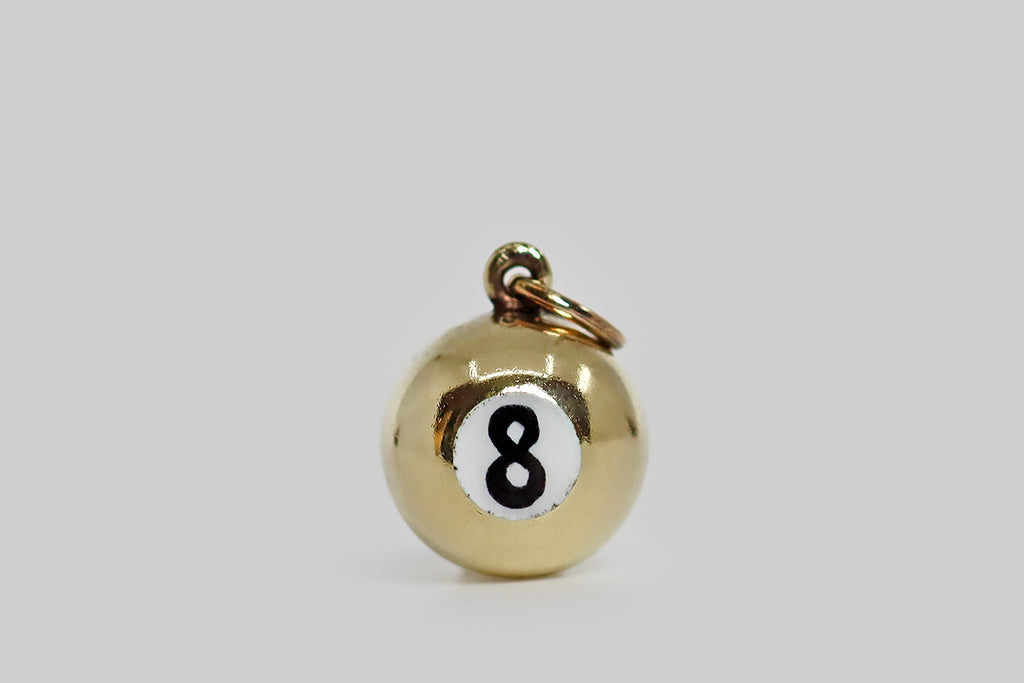 Sloan & Co. 1930s Miniature Eight Ball Enamel Charm in 14k Gold