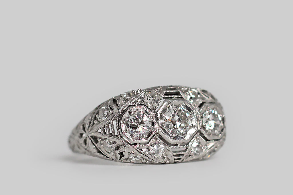 Poor Mouchette | Curated Antique Jewelry, Vintage Jewelry & Engagement Rings | Portland, Oregon | Early Art Deco Era Three OEC Diamond Orchestration Ring in Platinum
