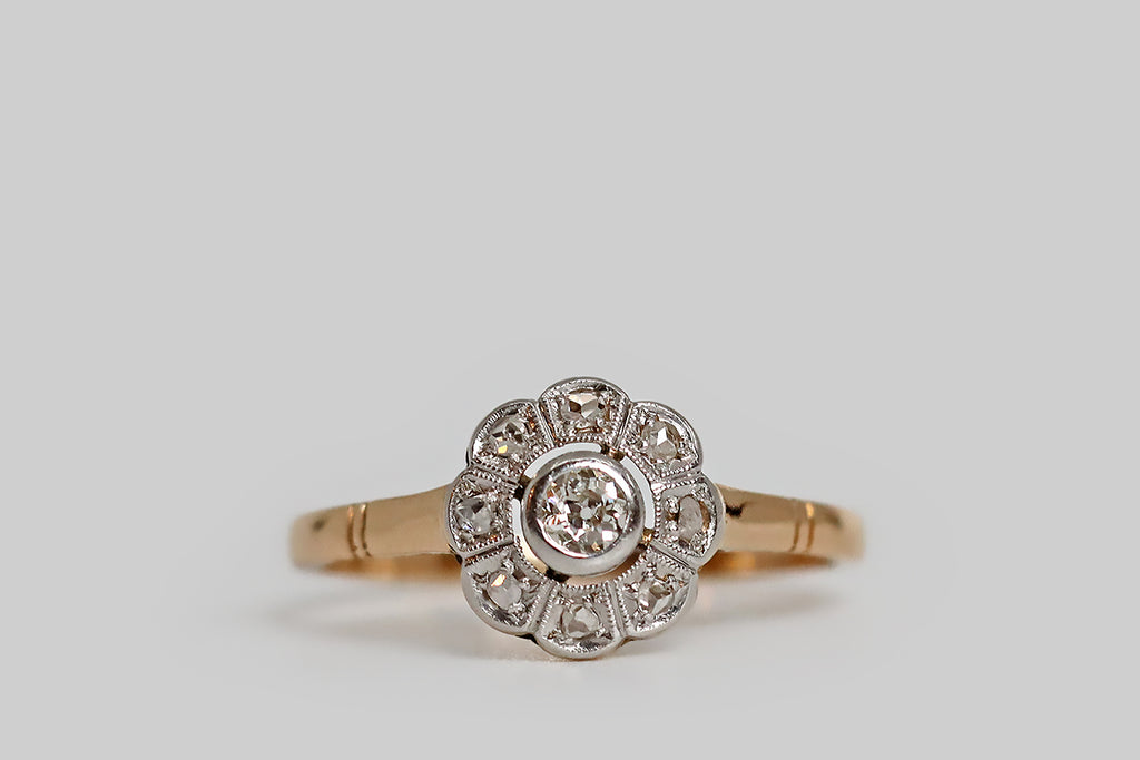 Edwardian Era Flower Form Diamond Cluster Ring in 14k Gold & Platinum