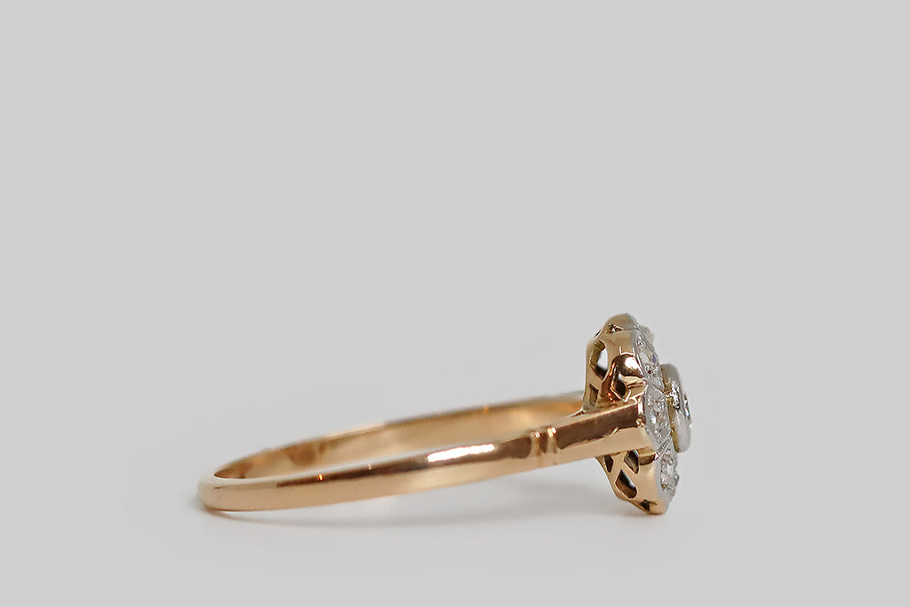 Edwardian Era Flower Form Diamond Cluster Ring in 14k Gold & Platinum