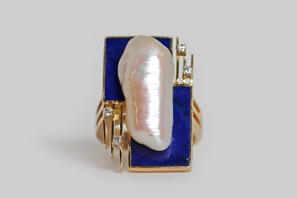 Poor Mouchette | Curated Antique Jewelry, Vintage Jewelry & Engagement Rings | Portland, Oregon | 1970s Chaos/Control Lapis & Pearl Modernist Ring with Diamonds in 14k Gold