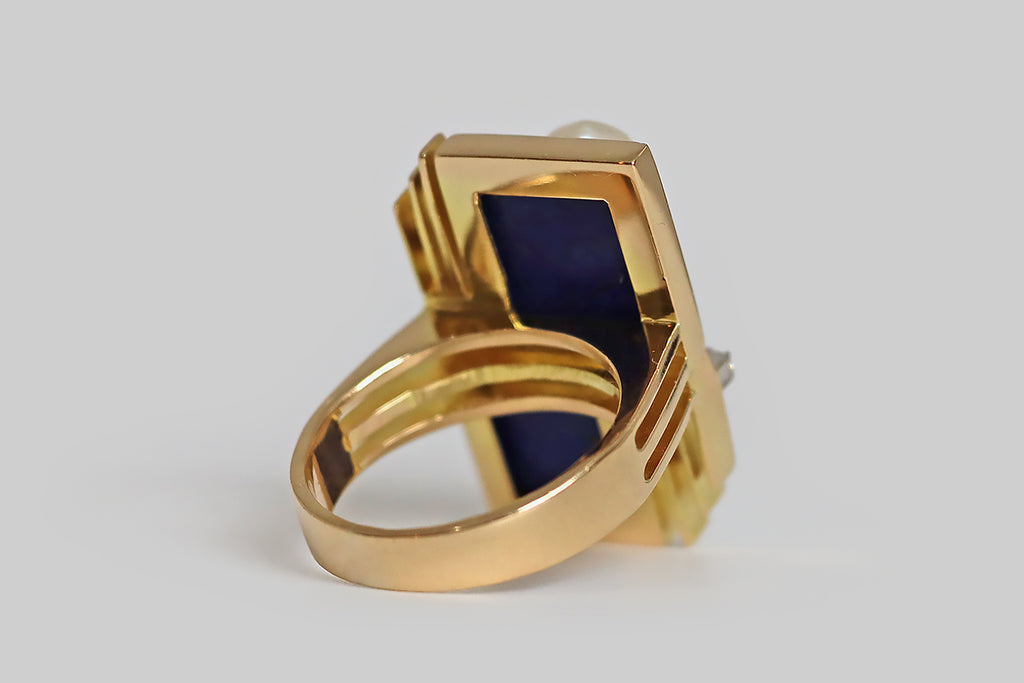 Poor Mouchette | Curated Antique Jewelry, Vintage Jewelry & Engagement Rings | Portland, Oregon | 1970s Chaos/Control Lapis & Pearl Modernist Ring with Diamonds in 14k Gold