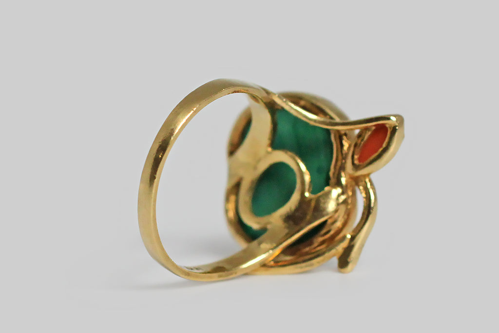 Mid 20th Century Graphic Malachite Apple Ring with Coral in 18k Gold