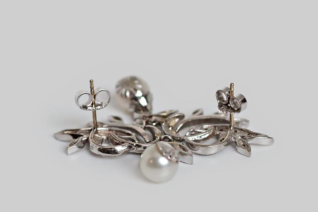 Mid 20th Century Snowbells Diamond & Pearl Earrings in 14k Gold