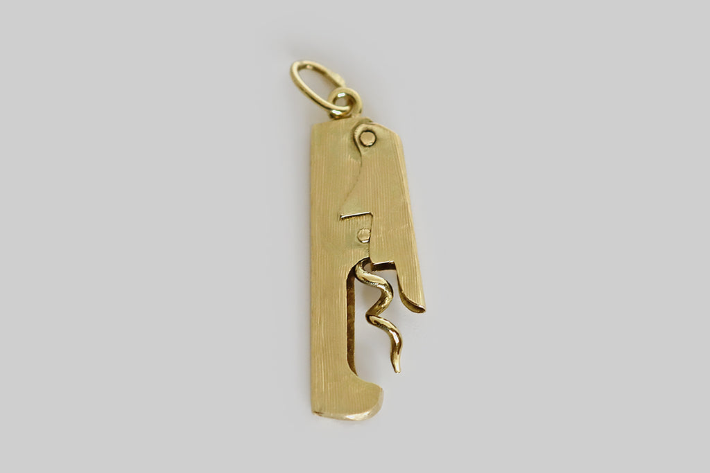 Vintage Hand Fabricated Waiter's Corkscrew Moving Charm in 14k Gold