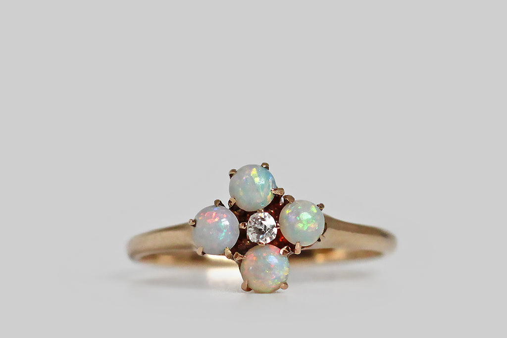 Dainty Victorian Era Opal & OMC Diamond Flower Ring in 14k Gold