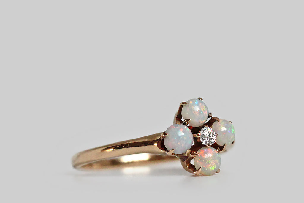 Dainty Victorian Era Opal & OMC Diamond Flower Ring in 14k Gold