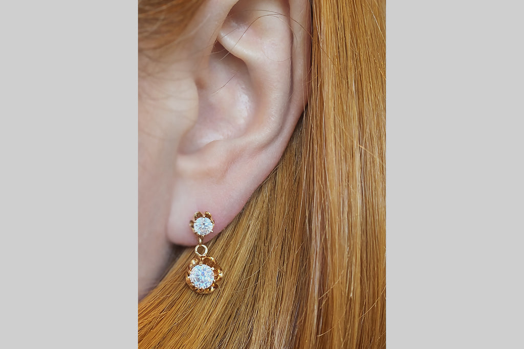 Victorian Era Paste Buttercup Drop Earrings in 14k Gold