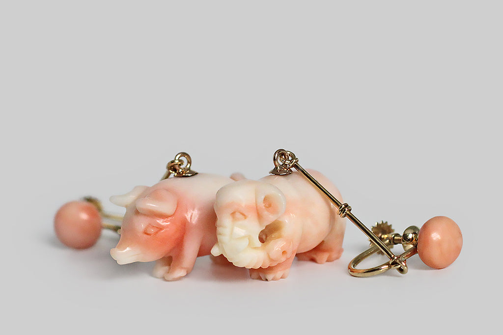 Art Deco Carved Angel Skin Coral Earrings