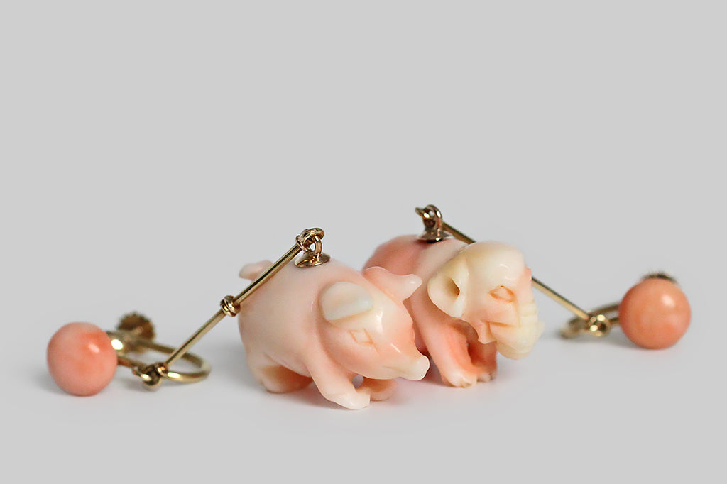 Art Deco Carved Angel Skin Coral Earrings
