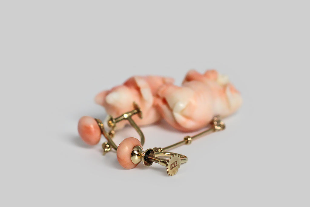 Art Deco Carved Angel Skin Coral Earrings