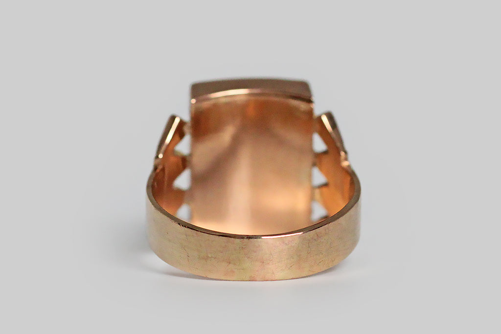 Victorian Era Plume Agate Locket Ring in 10k Gold