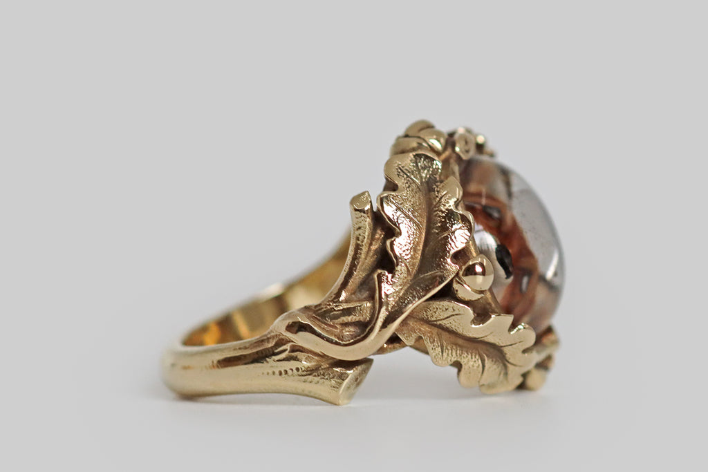 Poor Mouchette | Curated Antique Jewelry, Vintage Jewelry & Engagement Rings | Portland, Oregon | A rare and wonderful Victorian era ring, modeled in 14k yellow gold, whose gem is a hand-painted, reverse-carved, intaglio crystal, depicting the face of a red fox. This three-dimensional fox mask appears to float under a crystal dome— the manner of reverse-carving creates the illusion of depth, so that the face of our beautiful animal looks different from every angle, as he would in life.