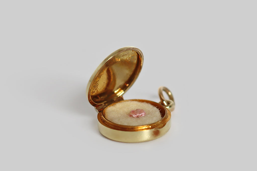 Sloan & Co. 1930s Miniature Powder Compact Charm with Puff in 14k Gold