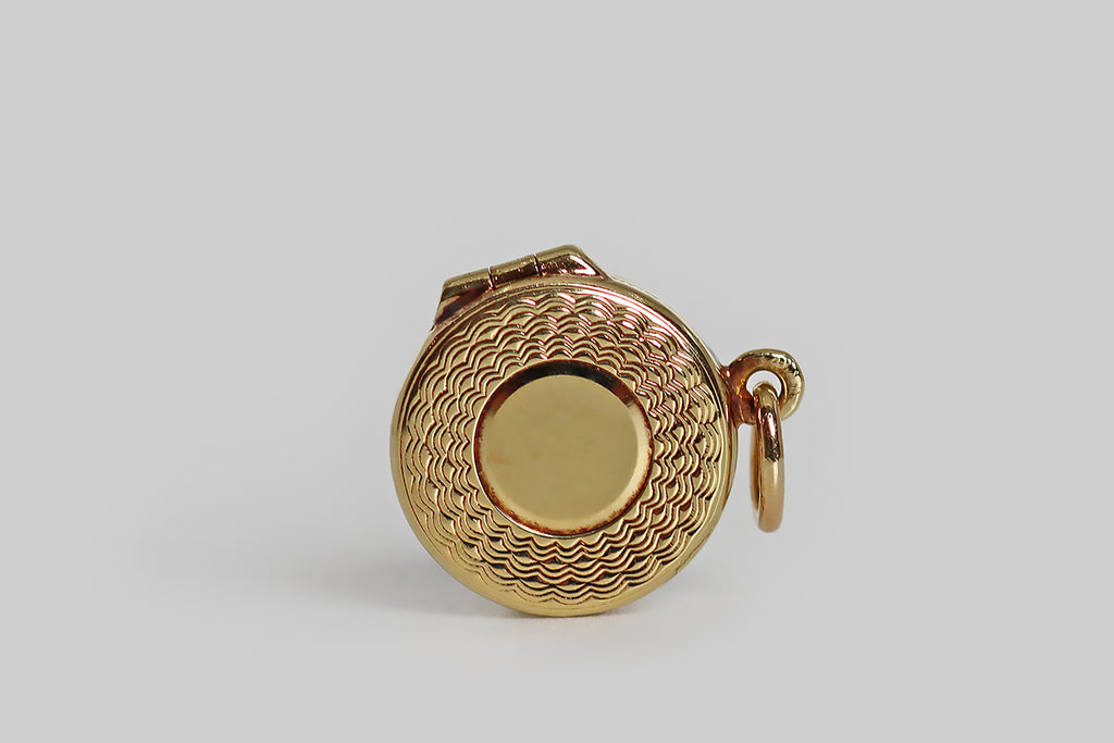 Sloan & Co. 1930s Miniature Powder Compact Charm with Puff in 14k Gold