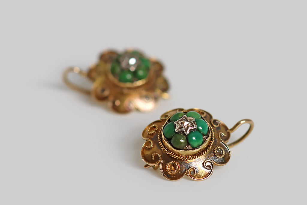 Victorian Era Turquoise Forget Me Not Drop Earrings with Stars in 14k Gold