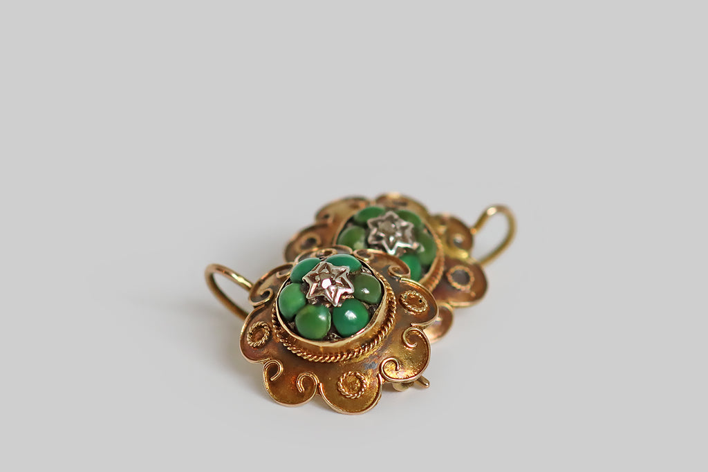 Victorian Era Turquoise Forget Me Not Drop Earrings with Stars in 14k Gold