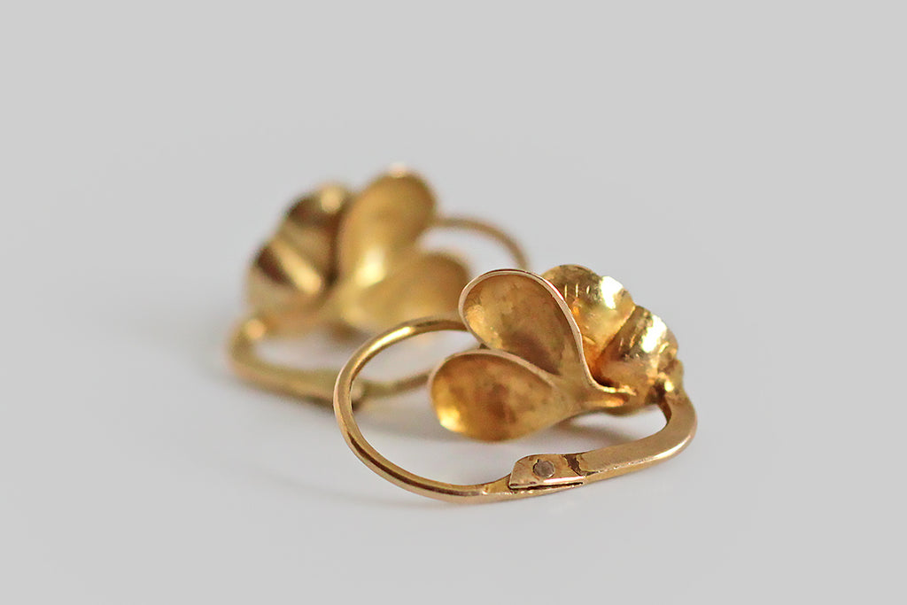 Victorian Era Miniature Pansy Dormeuse Earrings in 18k Gold