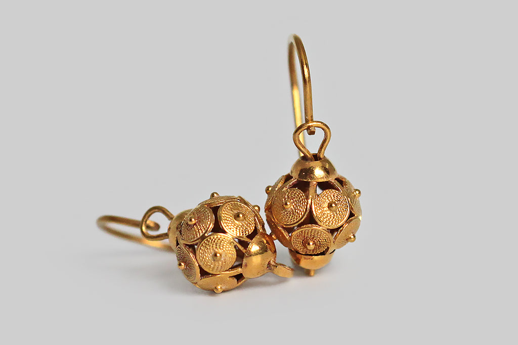Poor Mouchette | Curated Antique Jewelry, Vintage Jewelry & Engagement Rings | Portland, Oregon | Dainty Victorian Era Canatille Orb Earrings in 18k Gold