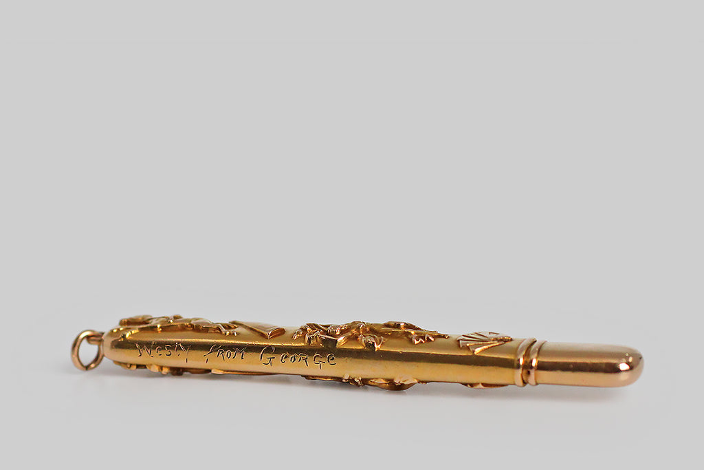 Antique Jewelry Portland, Vintage Jewelry Portland , Antique Engagement Rings | Poor Mouchette | A dandy, Victorian era pencil, modeled in 14k yellow gold and decorated on both sides with raised, pictorial representations of the four vices of man— horses, drink, women, and cards. The decorated half of this wonderful object functions as a sheath for a broad, flat carpenter's pencil, while the stub end is crimped around the pencil's base. These pieces fit snugly together.