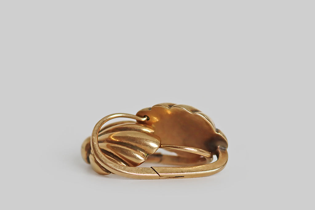 Poor Mouchette | Curated Antique Jewelry, Vintage Jewelry & Engagement Rings | Portland, Oregon | A wonderful pair of Victorian-era, shell-form earrings, modeled in 14k rosy yellow gold. These voluptuous little shells are sleek and elongated, their seven gradating rays emanate from the round base of each shell.