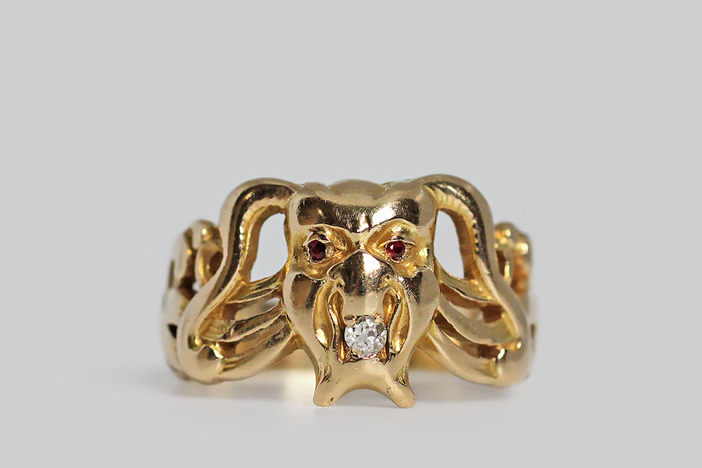Victorian Era OMC Diamond & Ruby Grotesque Demon Face Ring in 14k Gold